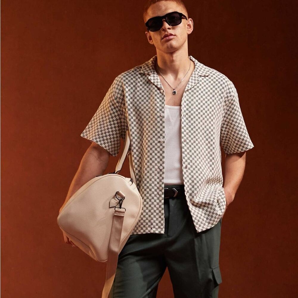 MENS ASOS DESIGN Black White Checker Print Button Down Short Sleeve Shirt Top S - Picture 2 of 13